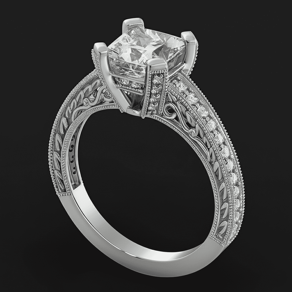 Art Deco Filigree Solitaire with Accent Diamond Ring