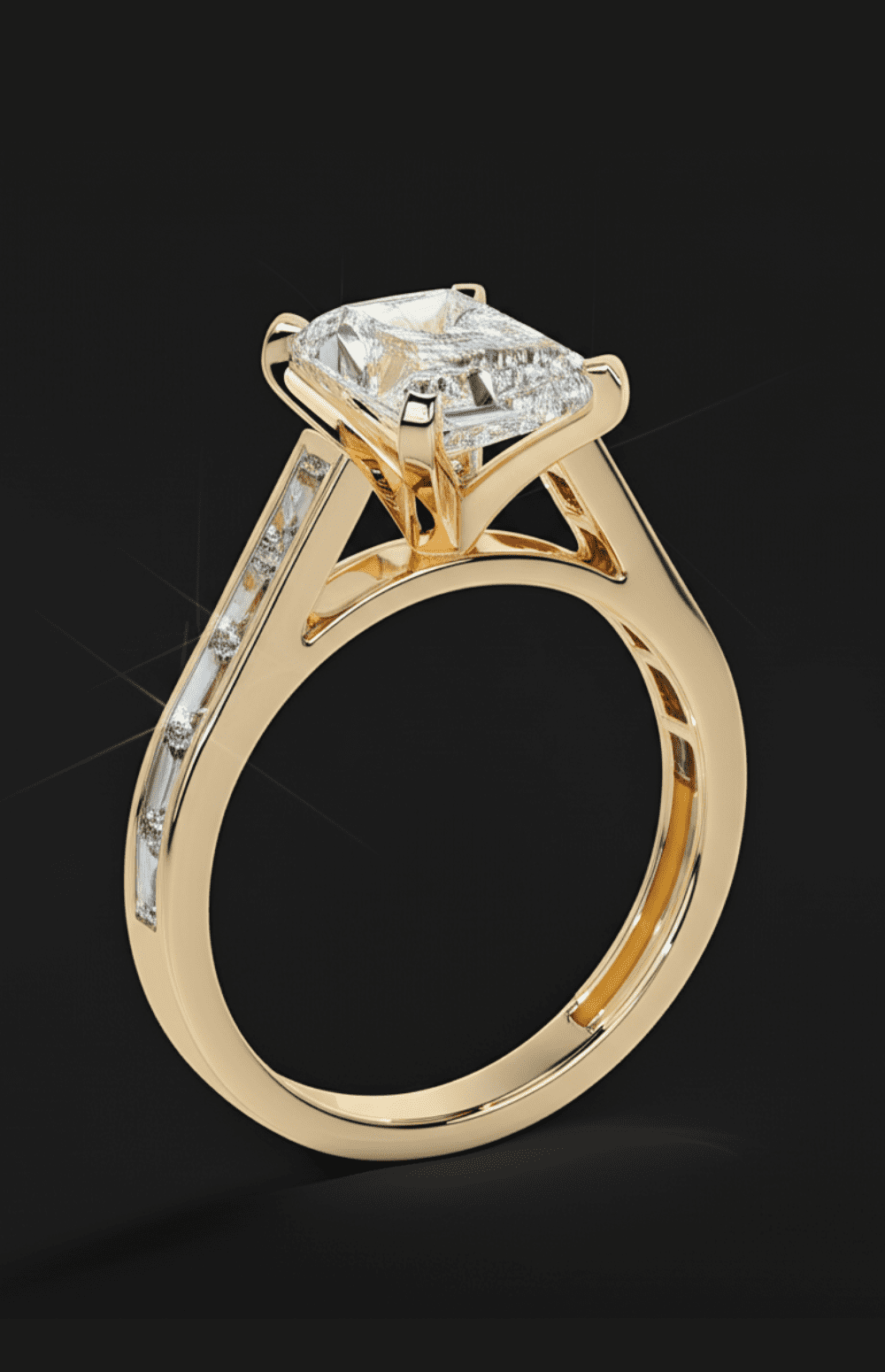 18k Gold High Profile Emerald cut Diamond Ring