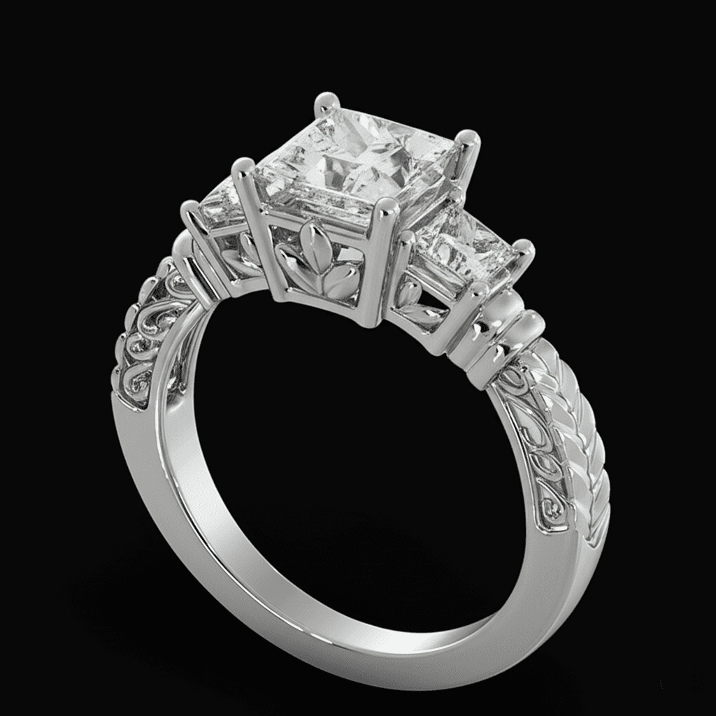 Princess Cut Three Stones Filigree Ring
