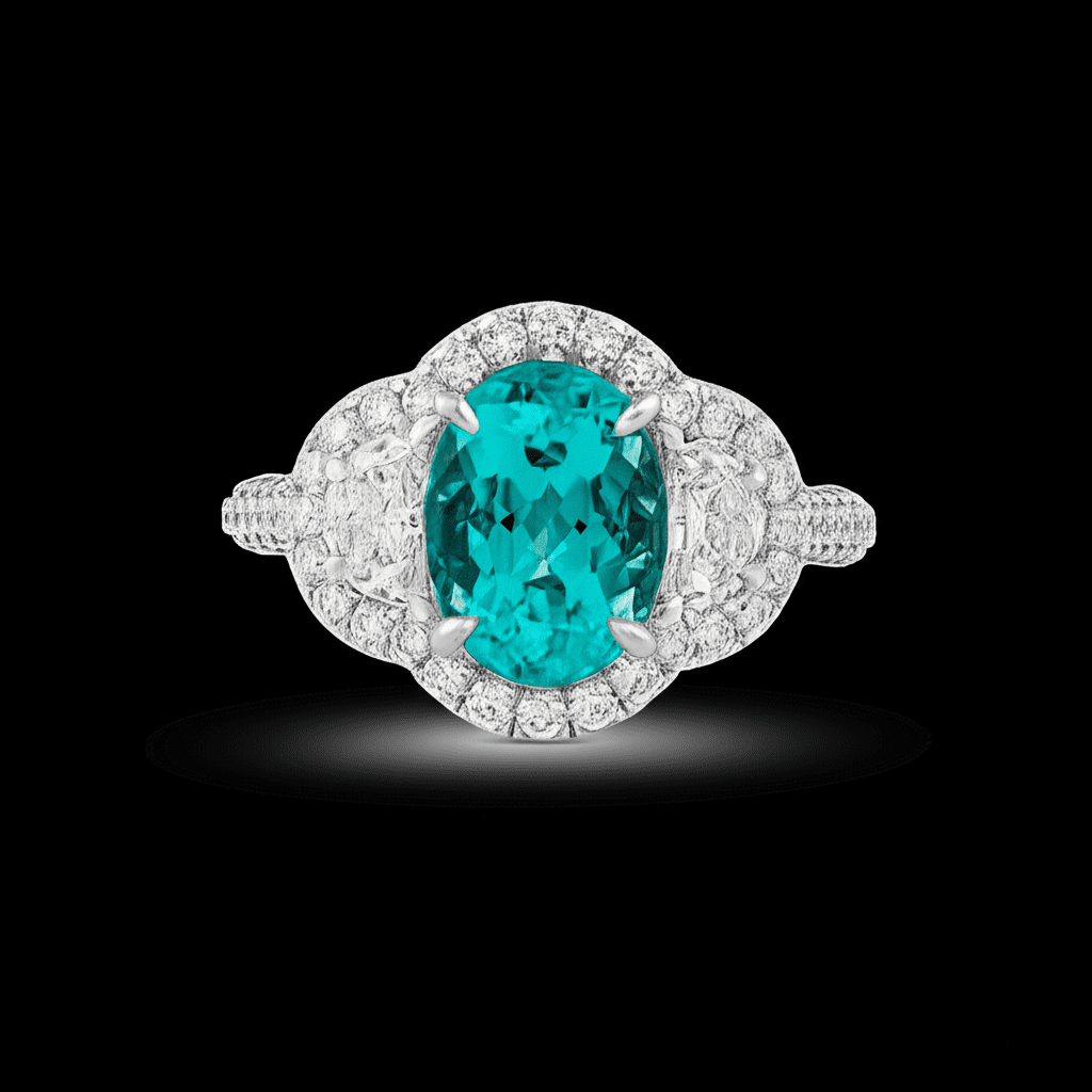 Oval Paraiba Three Stones Setting Halo Ring