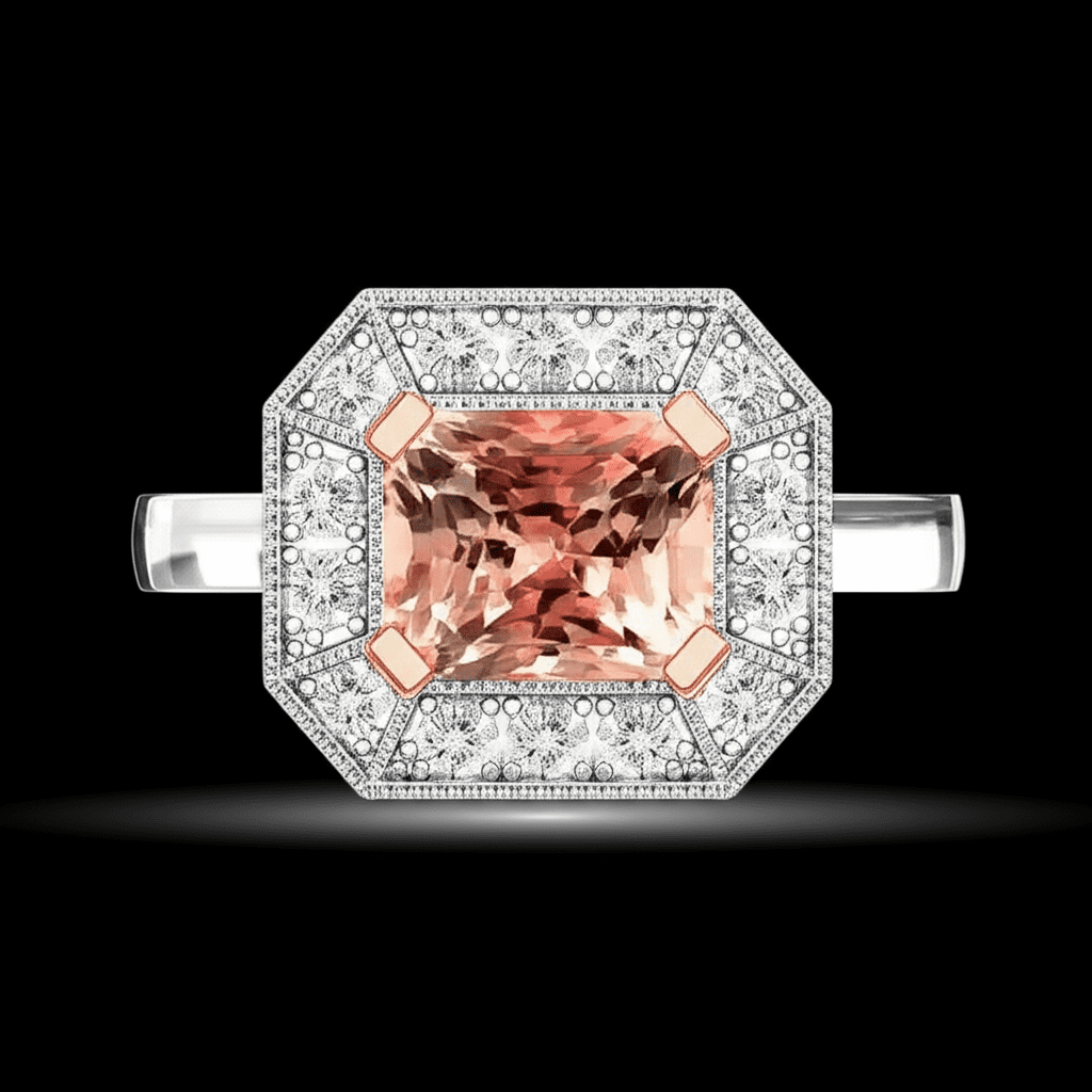 Radiant Cut Padparadscha Halo Ring