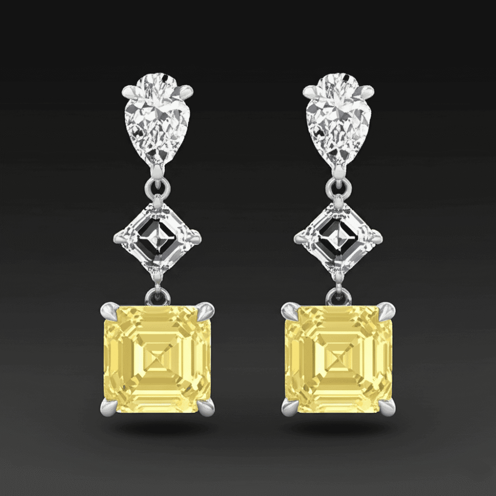 Asscher Yellow Diamond Dangle Earrings