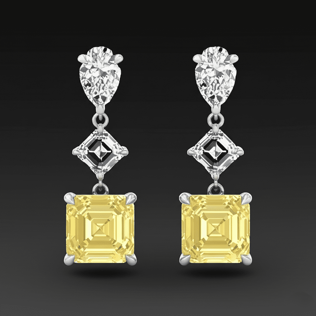 Asscher Yellow Diamond Dangle Earrings